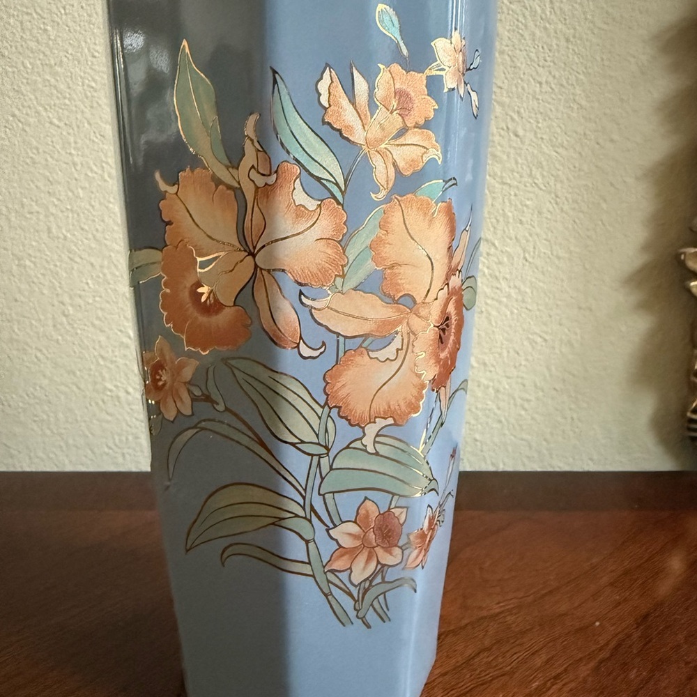 Vintage Asian porcelain vase with copper metallic floral design